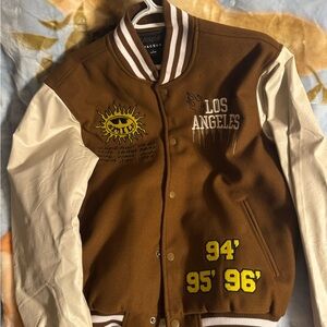 PacSun Brown and Cream Varsity Jacket